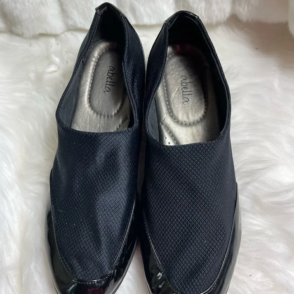 Abella Tiressa black patent and nylon wedge slip on rubber soles size 10